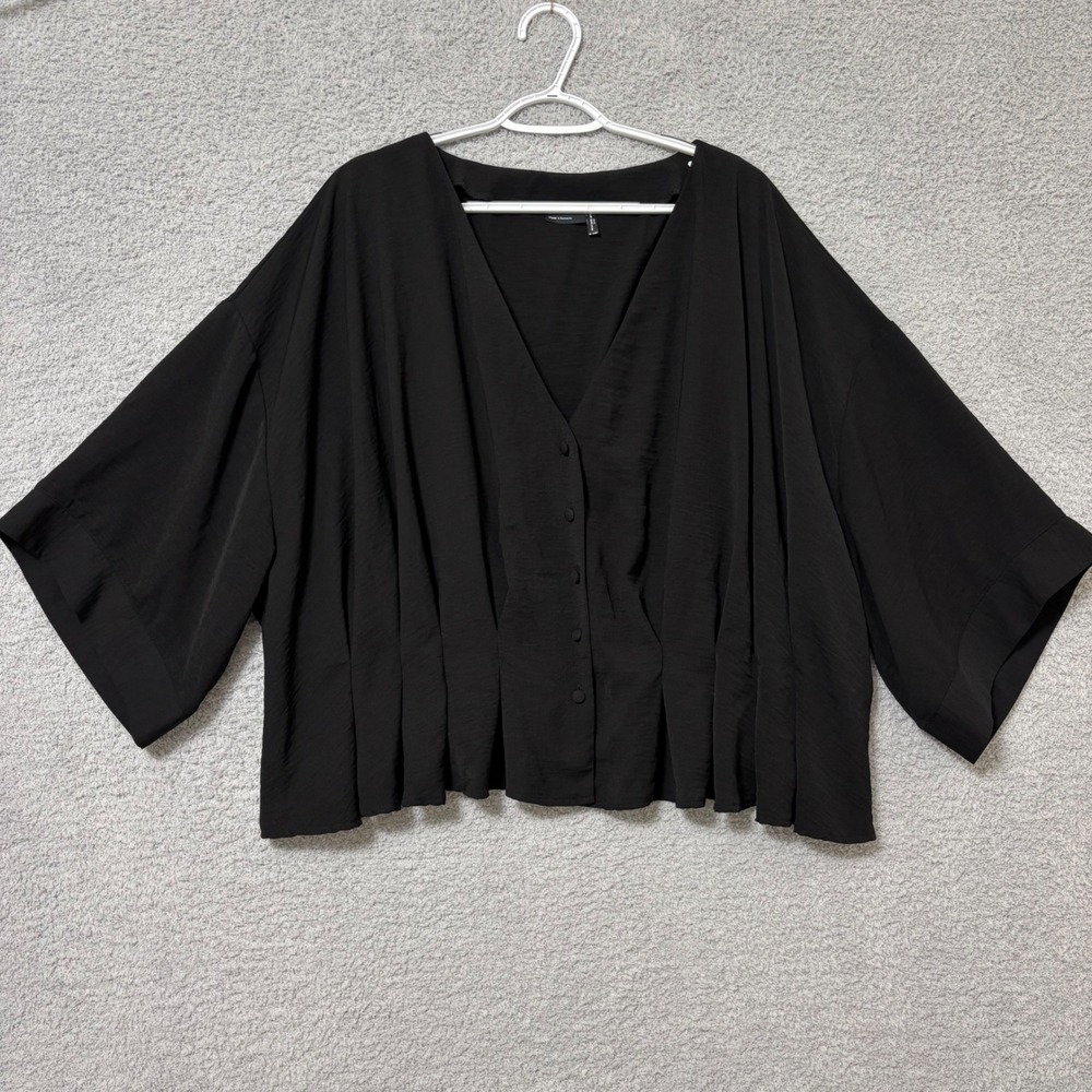 Black Button Front Peplum Pleated Blouse 20 Kimono Sleeve Flowy Lightweight